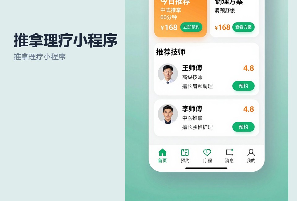 推拿理疗小程序,常州小程序开发,预约排班,会员次卡核销,小程序案例